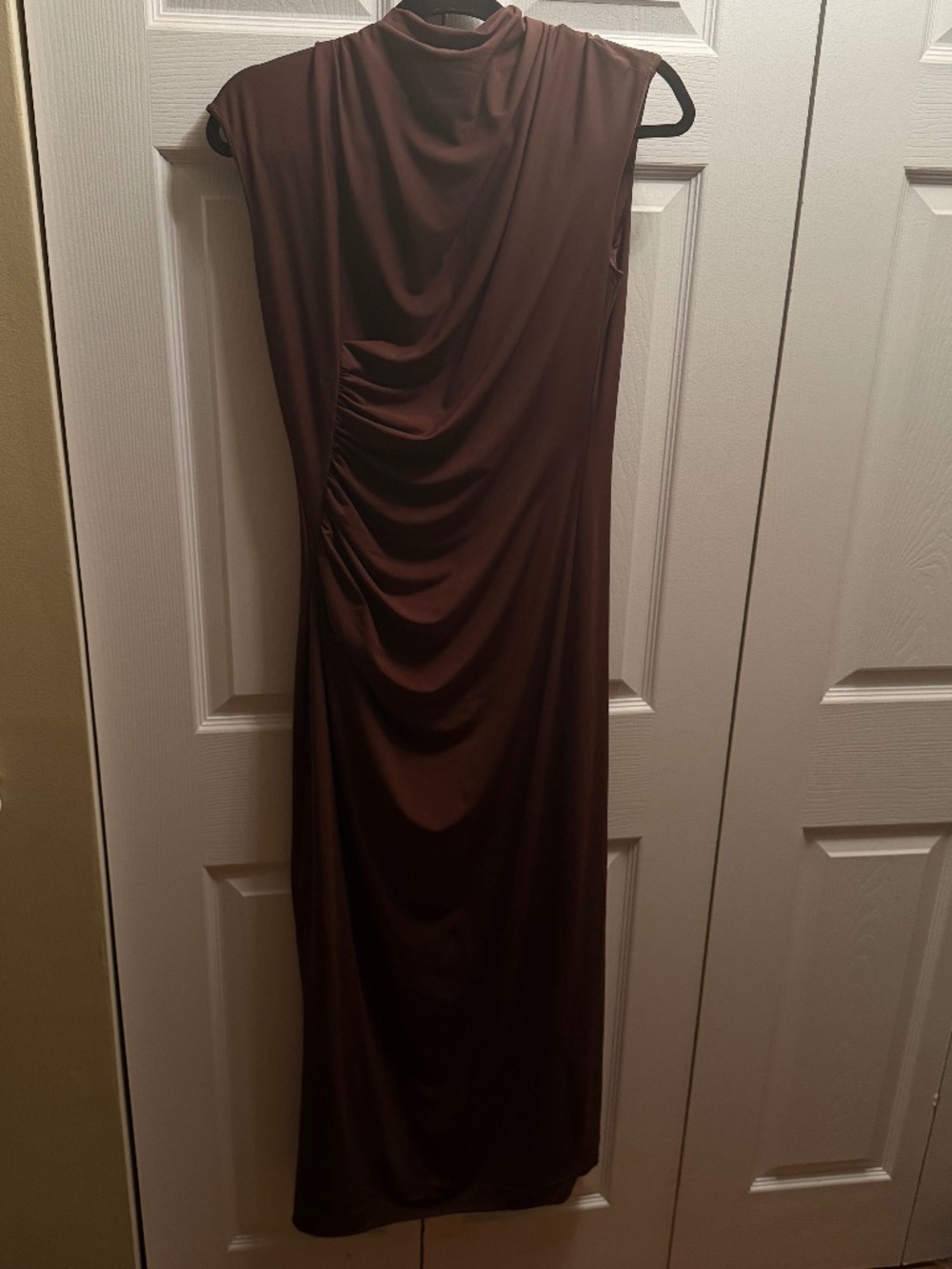 Zara Chocolate Brown Ruched Asymmetrical Maxi Dress – Large